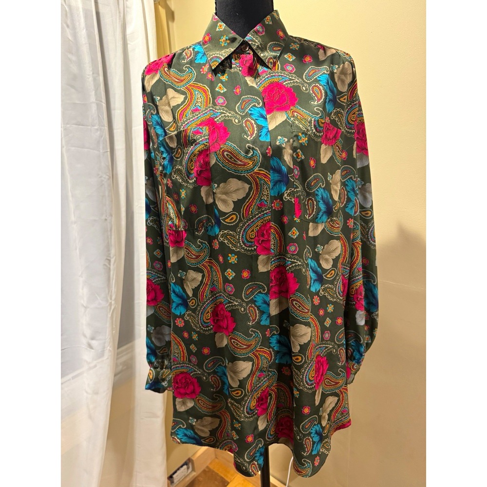 Vintage Alfred Dunner Green Paisley Button-Front Long Sleeve Polyester Blouse 14